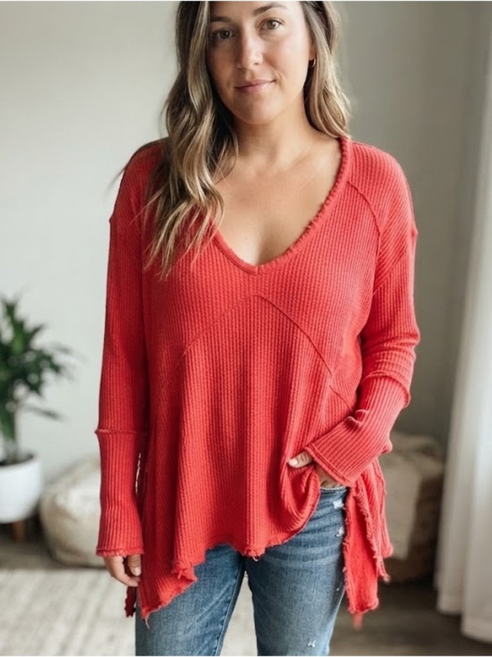 Free People V-Neck Waffle Knit Tunic Top - #200